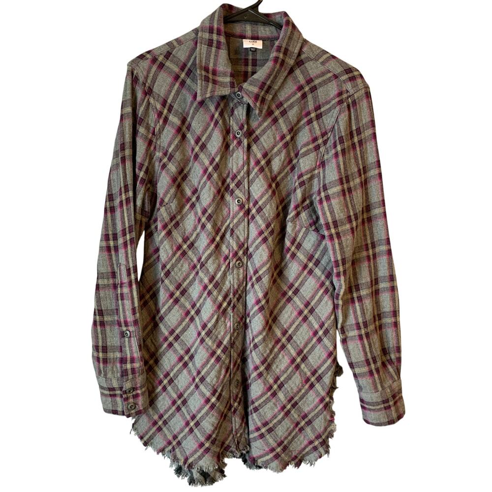 Cabi Highland Flannel Raw Hem Fringe Shirt Womens M Gray Purple Plaid Stretch